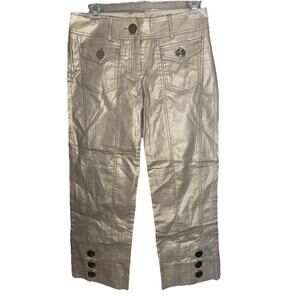 Y2K Cache Linen Cotton Blend Gold Sparkle Pants Size 2 Gold Button Legs